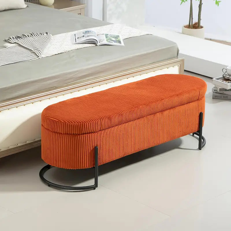 Banc de rangement ottoman en velours avec charnière de sécurité et pieds en métal
