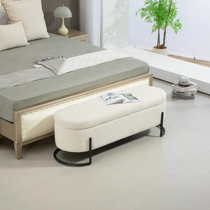 Banc de rangement ottoman en velours avec charnière de sécurité et pieds en métal