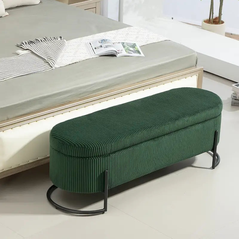Banc de rangement ottoman en velours avec charnière de sécurité et pieds en métal