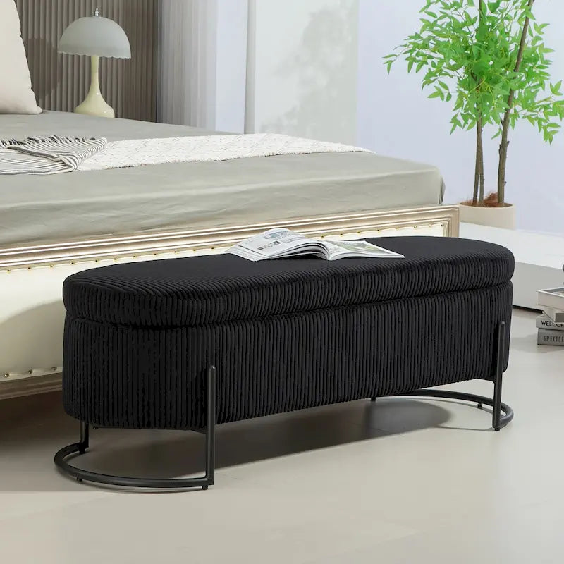 Banc de rangement ottoman en velours avec charnière de sécurité et pieds en métal