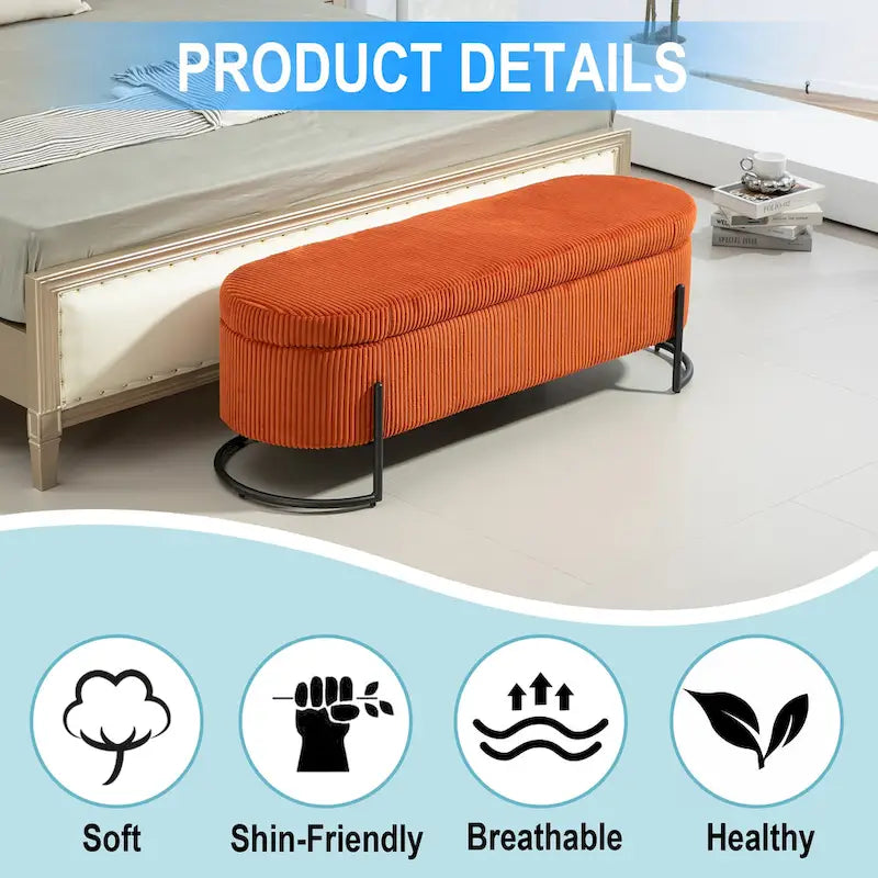 Banc de rangement ottoman en velours avec charnière de sécurité et pieds en métal