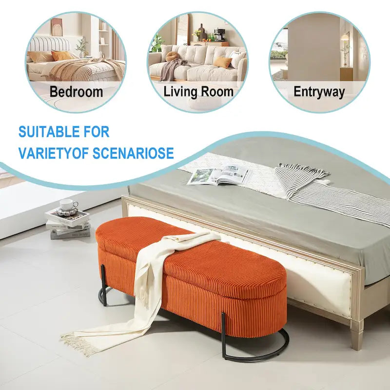 Banc de rangement ottoman en velours avec charnière de sécurité et pieds en métal