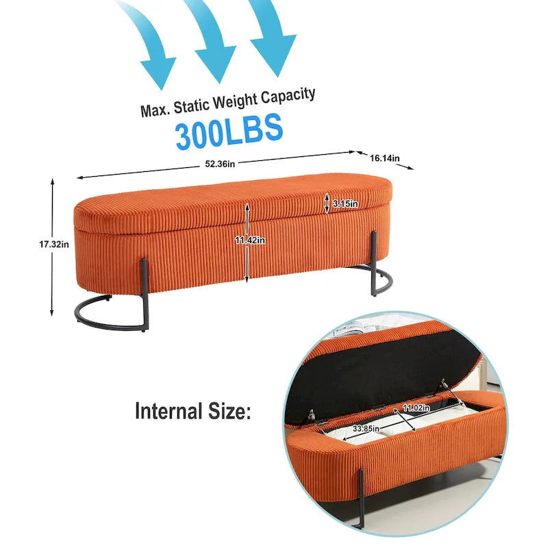 Banc de rangement ottoman en velours avec charnière de sécurité et pieds en métal
