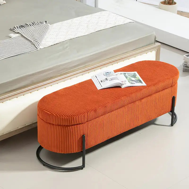 Banc de rangement ottoman en velours avec charnière de sécurité et pieds en métal