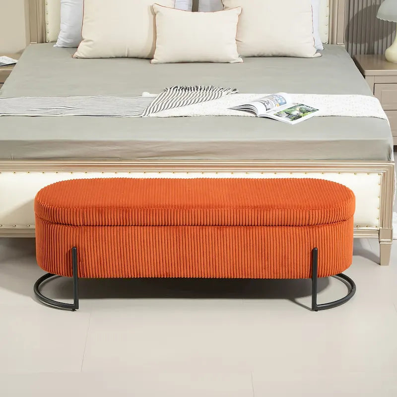 Banc de rangement ottoman en velours avec charnière de sécurité et pieds en métal