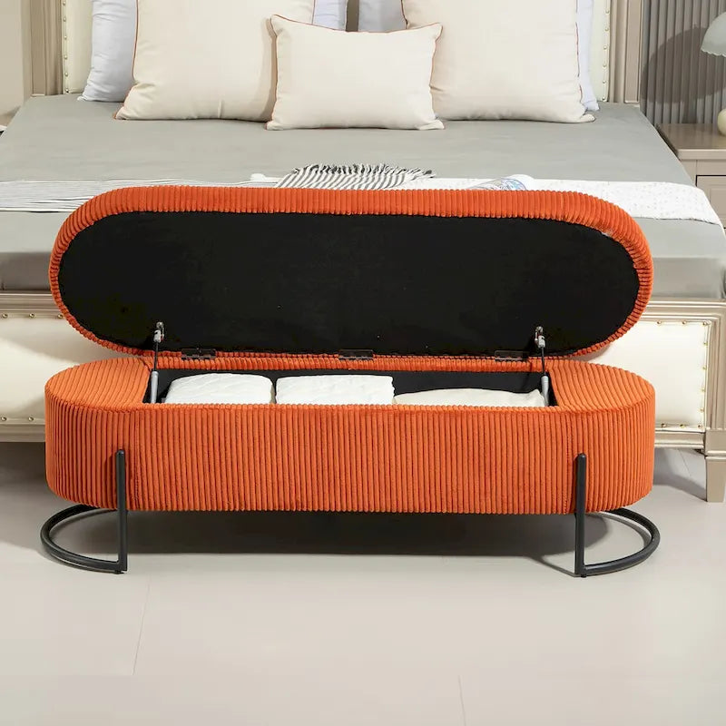 Banc de rangement ottoman en velours avec charnière de sécurité et pieds en métal