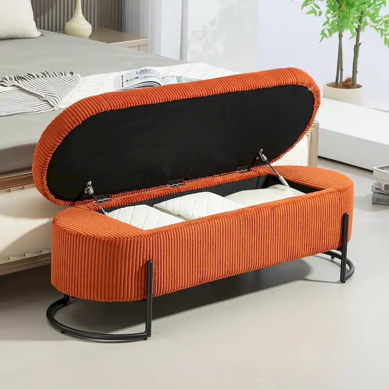 Banc de rangement ottoman en velours avec charnière de sécurité et pieds en métal