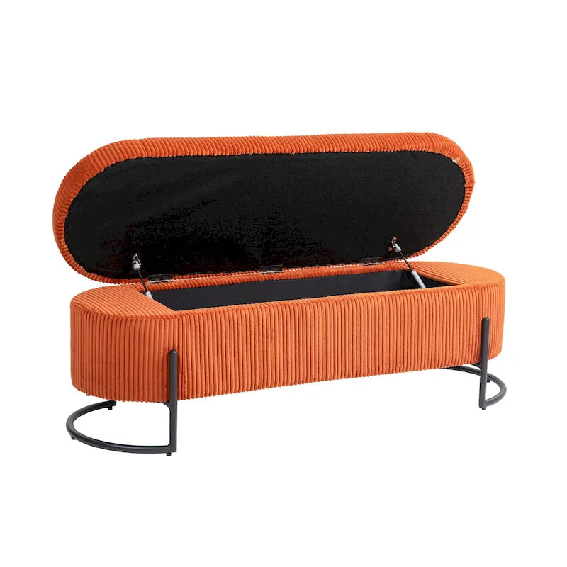 Banc de rangement ottoman en velours avec charnière de sécurité et pieds en métal