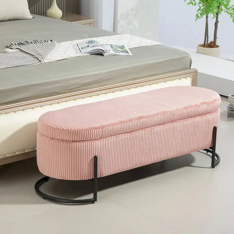 Banc de rangement ottoman en velours avec charnière de sécurité et pieds en métal