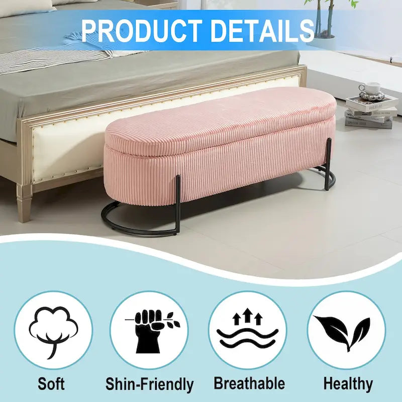 Banc de rangement ottoman en velours avec charnière de sécurité et pieds en métal