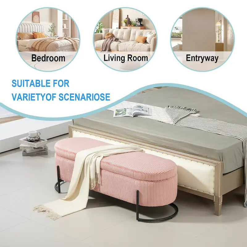 Banc de rangement ottoman en velours avec charnière de sécurité et pieds en métal
