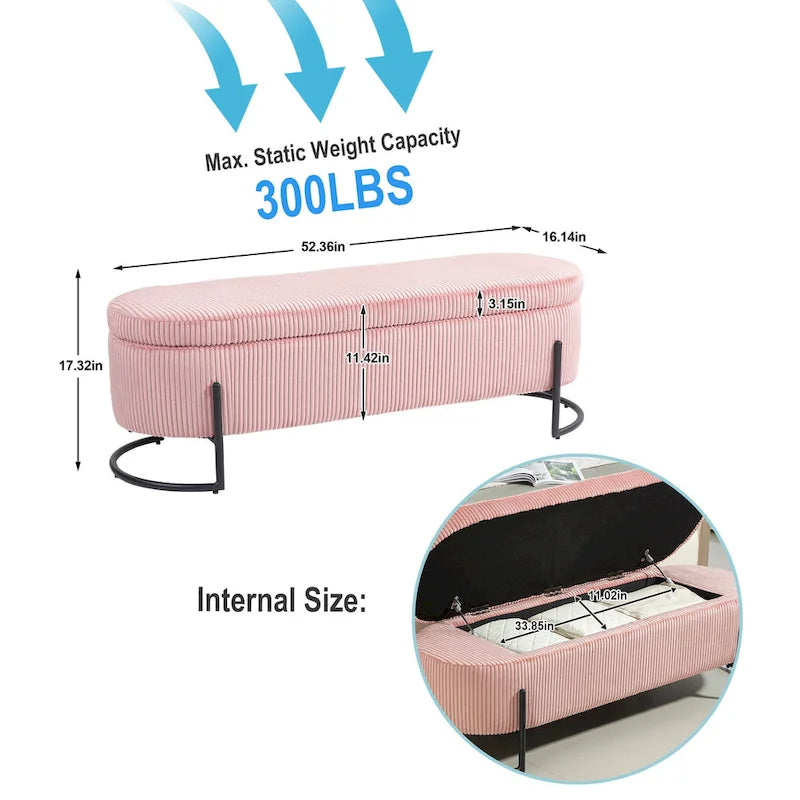 Banc de rangement ottoman en velours avec charnière de sécurité et pieds en métal