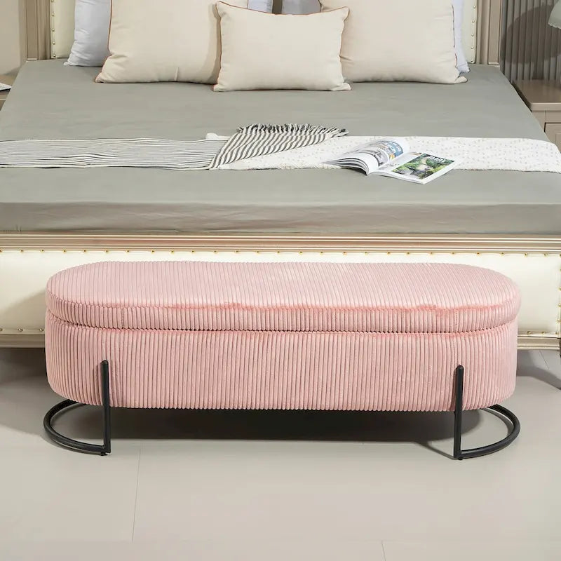 Banc de rangement ottoman en velours avec charnière de sécurité et pieds en métal