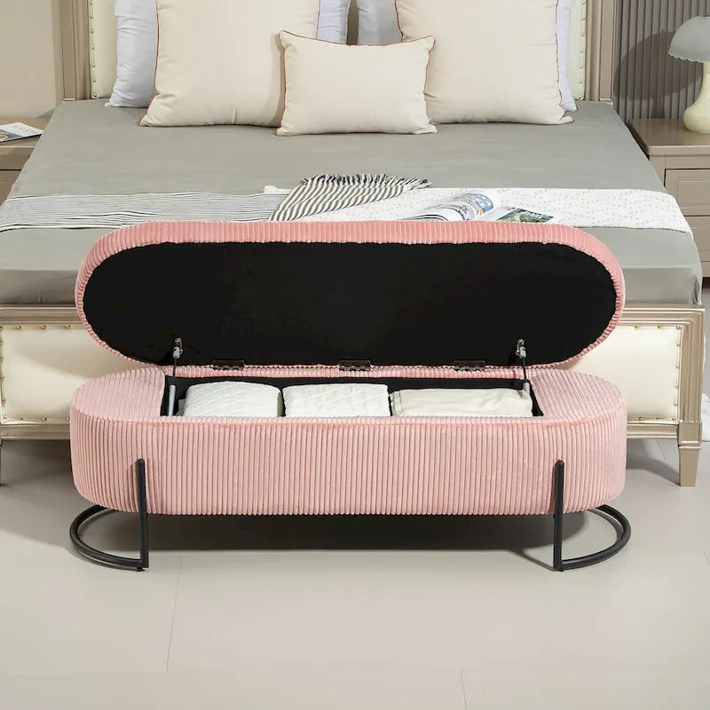 Banc de rangement ottoman en velours avec charnière de sécurité et pieds en métal