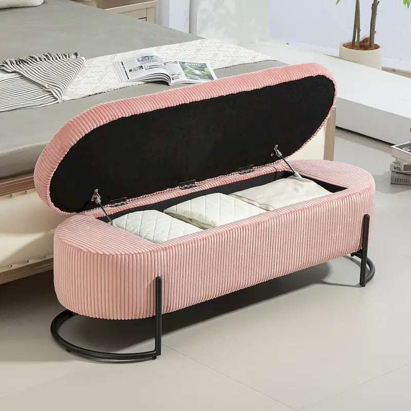 Banc de rangement ottoman en velours avec charnière de sécurité et pieds en métal