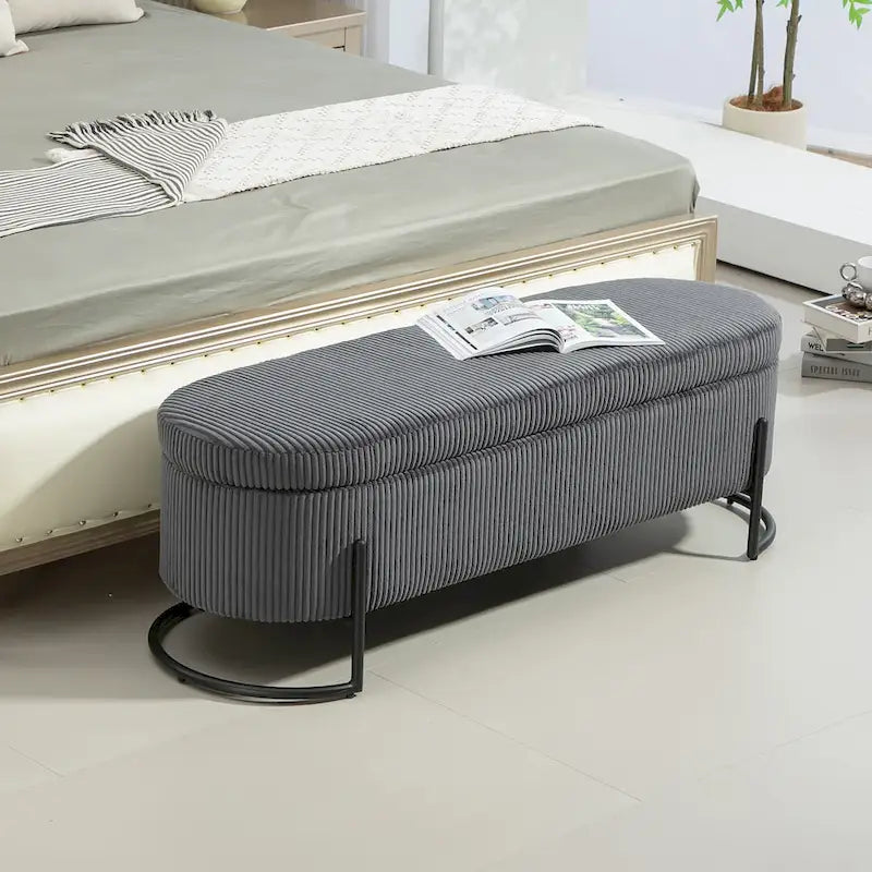 Banc de rangement ottoman en velours avec charnière de sécurité et pieds en métal