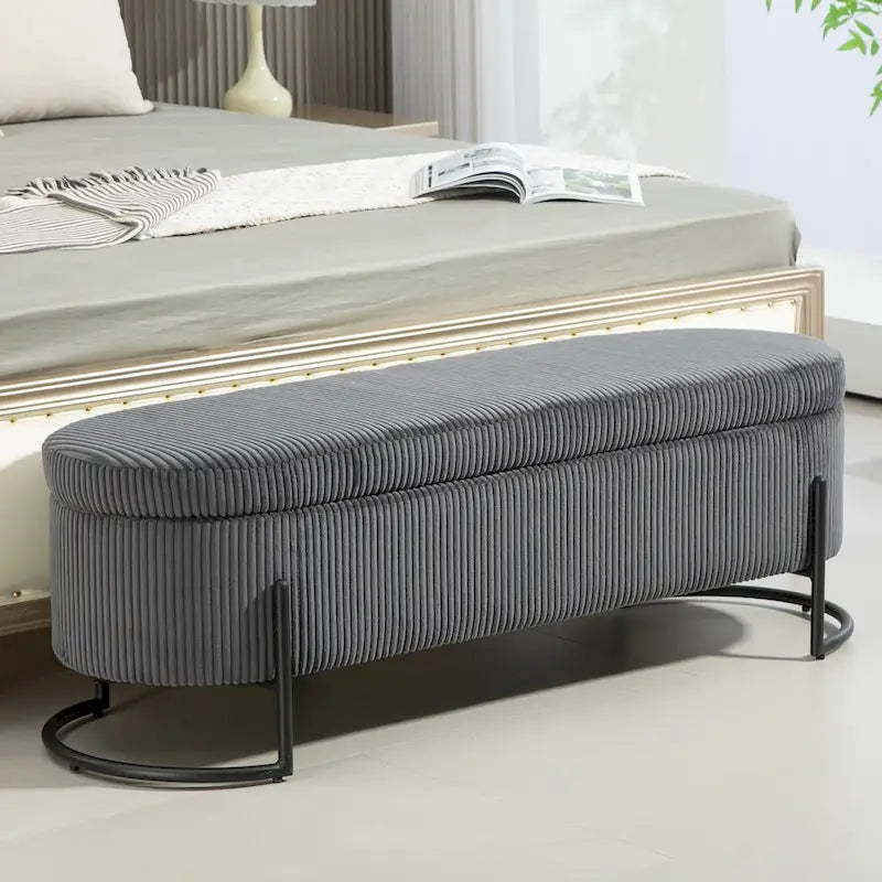 Banc de rangement ottoman en velours avec charnière de sécurité et pieds en métal