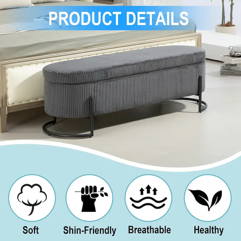 Banc de rangement ottoman en velours avec charnière de sécurité et pieds en métal