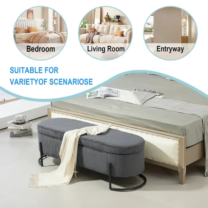 Banc de rangement ottoman en velours avec charnière de sécurité et pieds en métal
