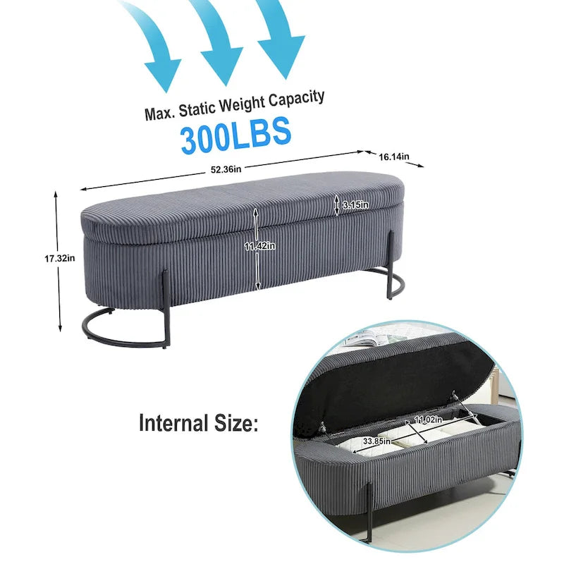 Banc de rangement ottoman en velours avec charnière de sécurité et pieds en métal
