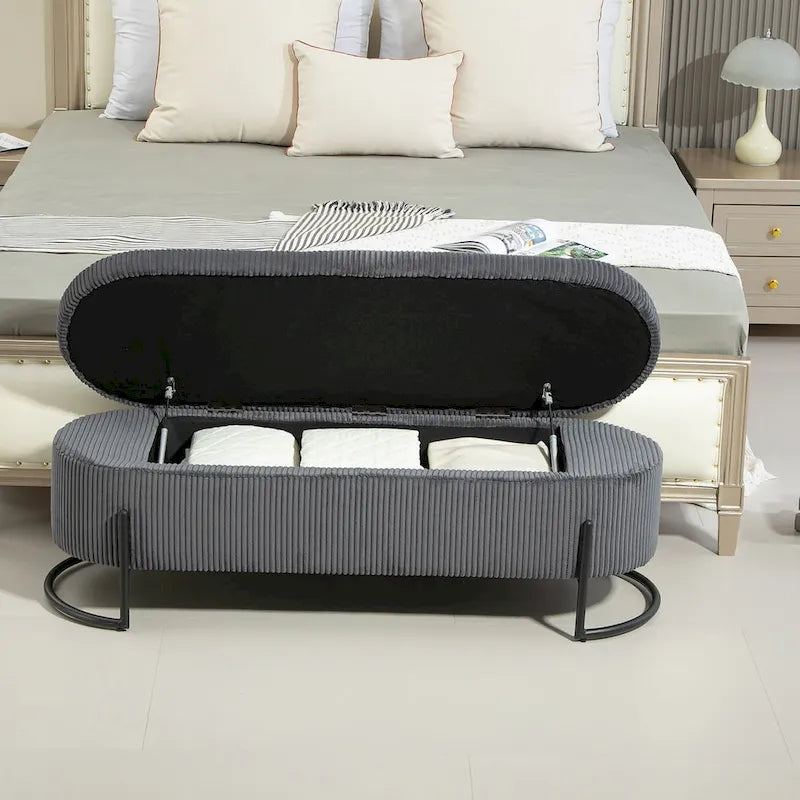 Banc de rangement ottoman en velours avec charnière de sécurité et pieds en métal