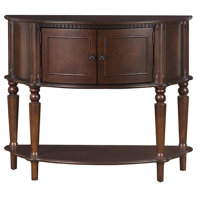 Console demi-lune avec portes d'armoire et étagère inférieure — Bois brun