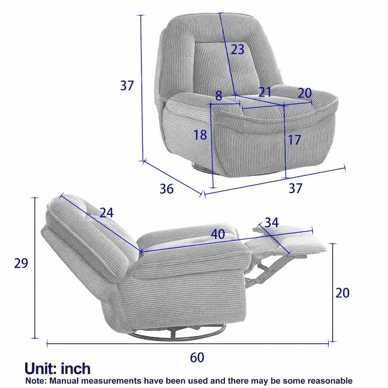Fauteuil inclinable pivotant et basculant en velours côtelé avec repose-pieds