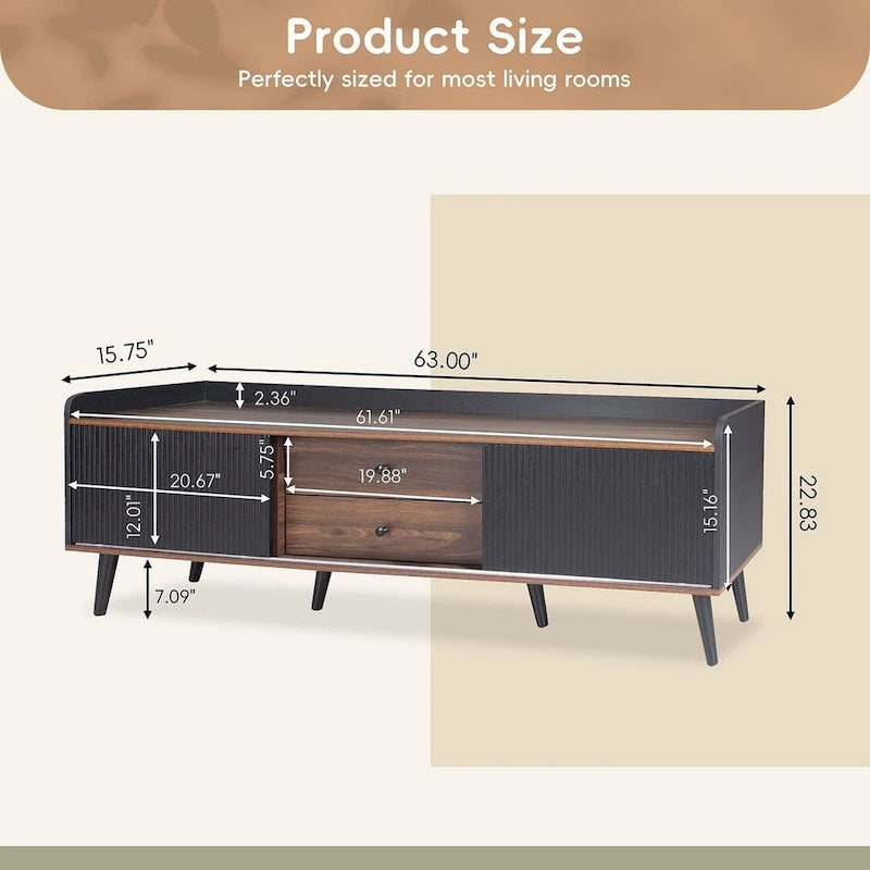 Meuble TV Mid-Century Modern 160 cm avec armoires coulissantes et tiroirs — Brun foncé et noir