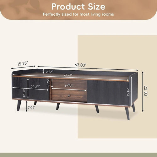 Meuble TV Mid-Century Modern 160 cm avec armoires coulissantes et tiroirs — Brun foncé et noir