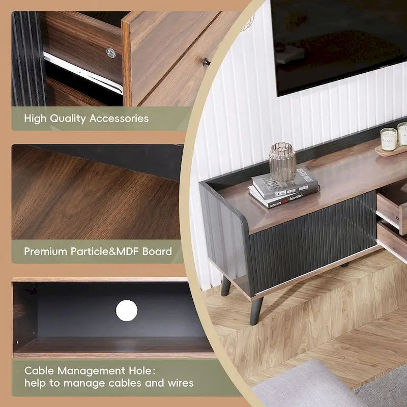 Meuble TV Mid-Century Modern 160 cm avec armoires coulissantes et tiroirs — Brun foncé et noir