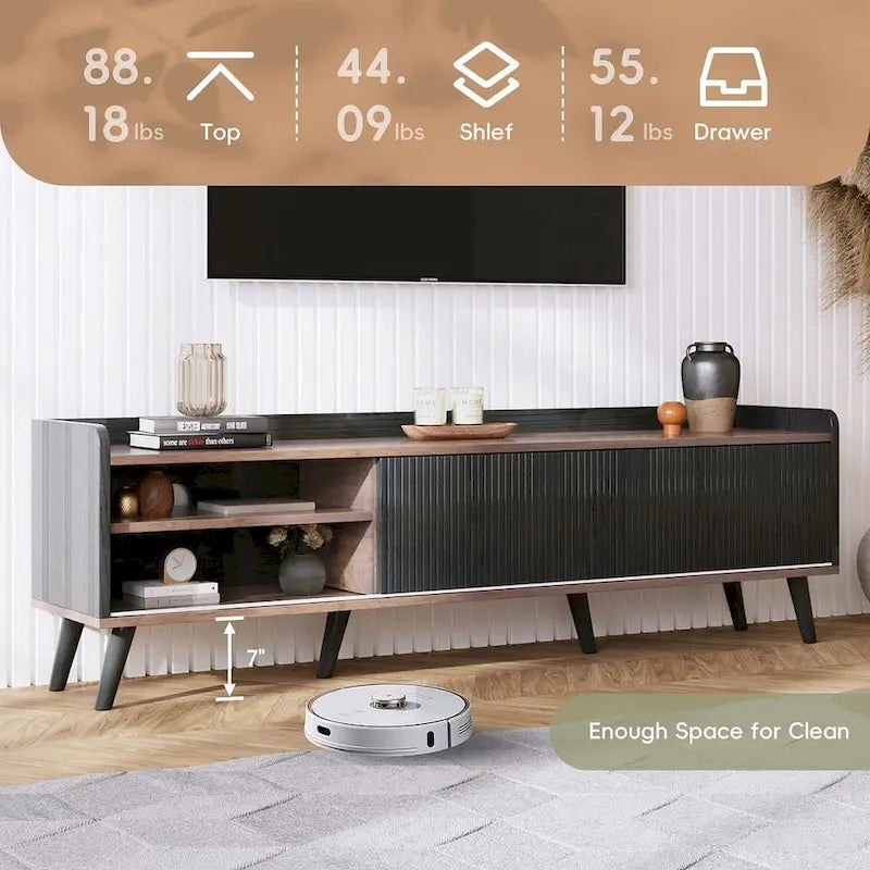 Meuble TV Mid-Century Modern 160 cm avec armoires coulissantes et tiroirs — Brun foncé et noir