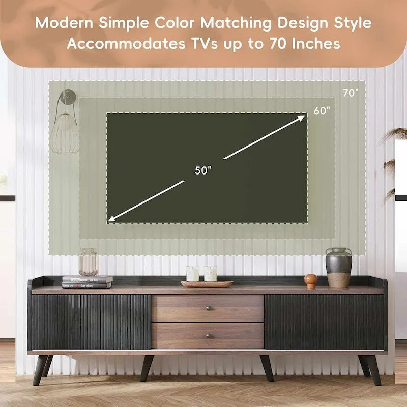 Meuble TV Mid-Century Modern 160 cm avec armoires coulissantes et tiroirs — Brun foncé et noir