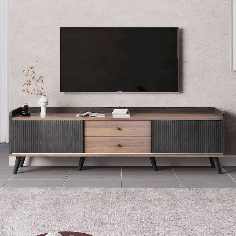 Meuble TV Mid-Century Modern 160 cm avec armoires coulissantes et tiroirs — Brun foncé et noir