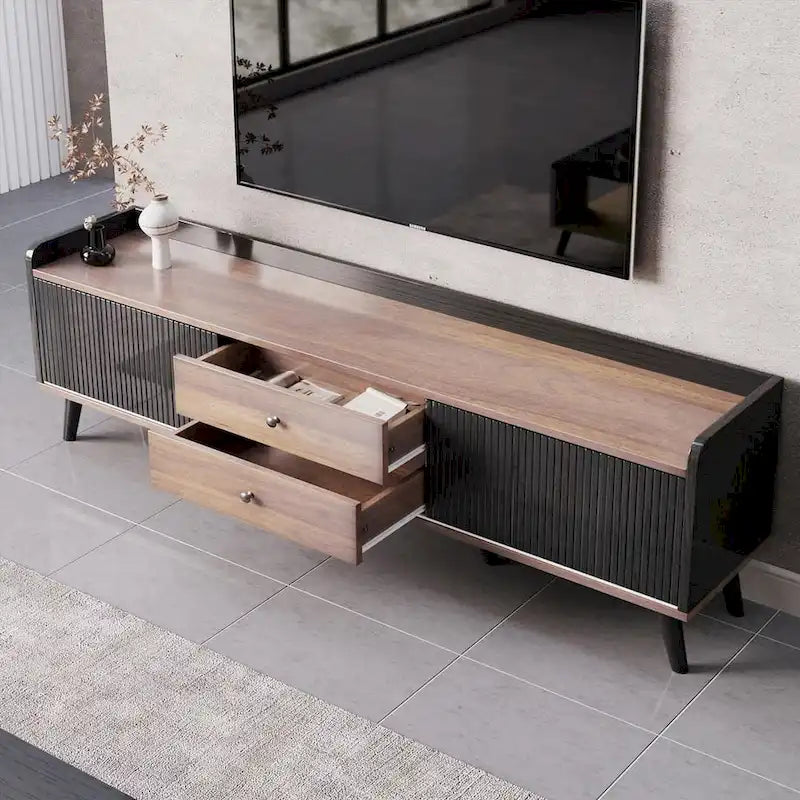 Meuble TV Mid-Century Modern 160 cm avec armoires coulissantes et tiroirs — Brun foncé et noir