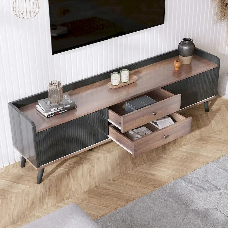 Meuble TV Mid-Century Modern 160 cm avec armoires coulissantes et tiroirs — Brun foncé et noir