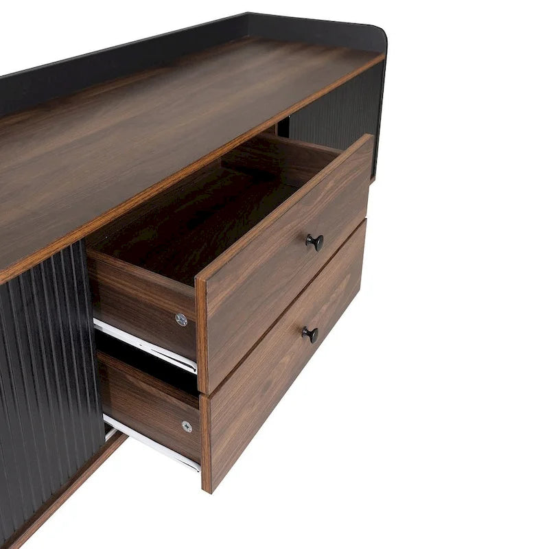 Meuble TV Mid-Century Modern 160 cm avec armoires coulissantes et tiroirs — Brun foncé et noir