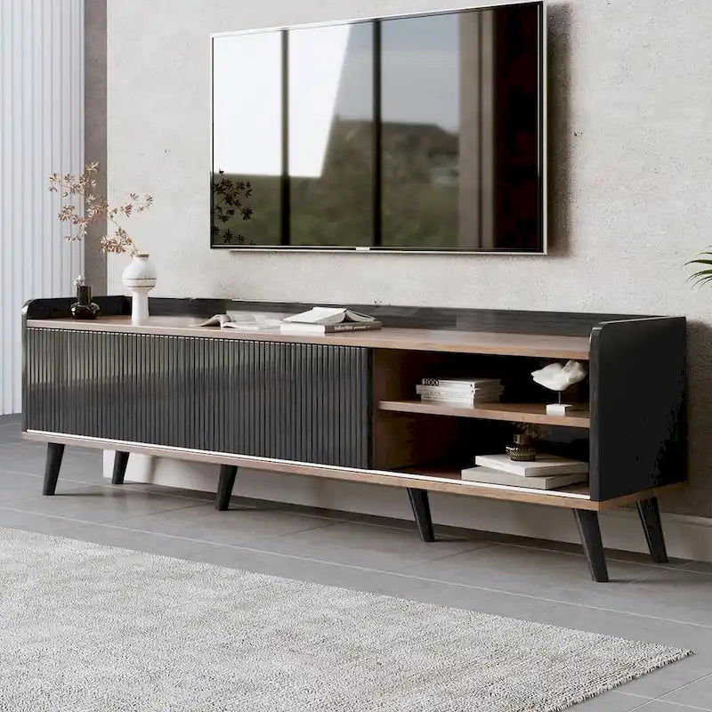Meuble TV Mid-Century Modern 160 cm avec armoires coulissantes et tiroirs — Brun foncé et noir
