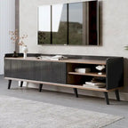Meuble TV Mid-Century Modern 160 cm avec armoires coulissantes et tiroirs — Brun foncé et noir