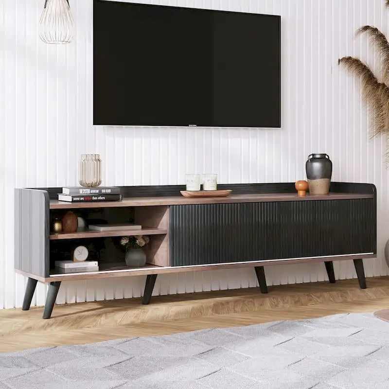 Meuble TV Mid-Century Modern 160 cm avec armoires coulissantes et tiroirs — Brun foncé et noir