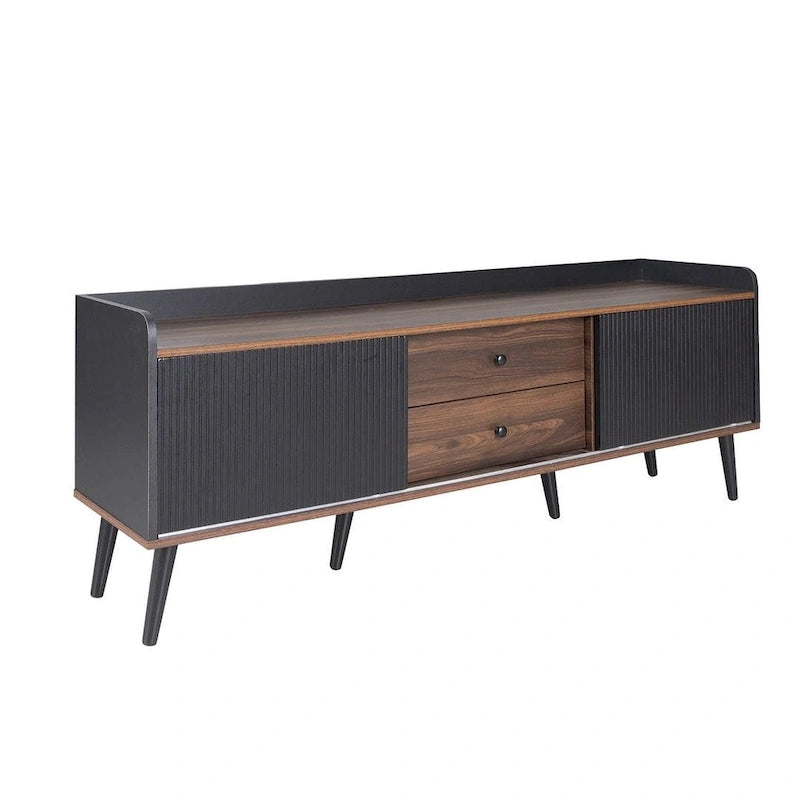 Meuble TV Mid-Century Modern 160 cm avec armoires coulissantes et tiroirs — Brun foncé et noir