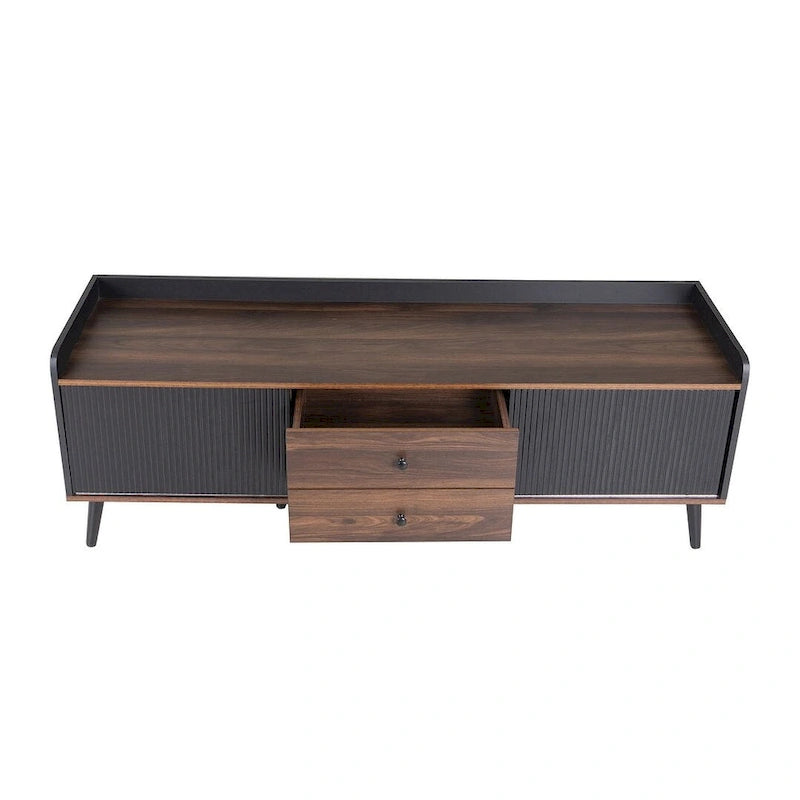 Meuble TV Mid-Century Modern 160 cm avec armoires coulissantes et tiroirs — Brun foncé et noir
