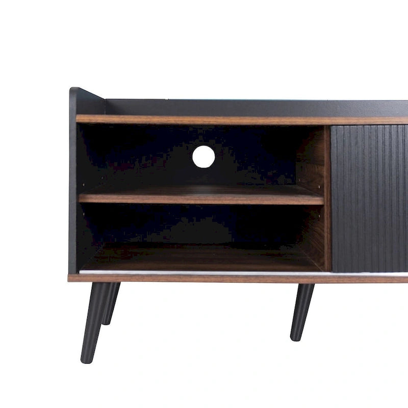 Meuble TV Mid-Century Modern 160 cm avec armoires coulissantes et tiroirs — Brun foncé et noir