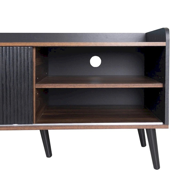 Meuble TV Mid-Century Modern 160 cm avec armoires coulissantes et tiroirs — Brun foncé et noir