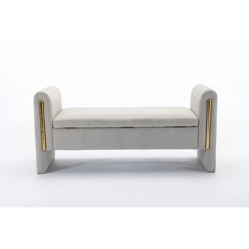 Banc de rangement capitonné en velours avec garniture en métal doré et cadre en bois