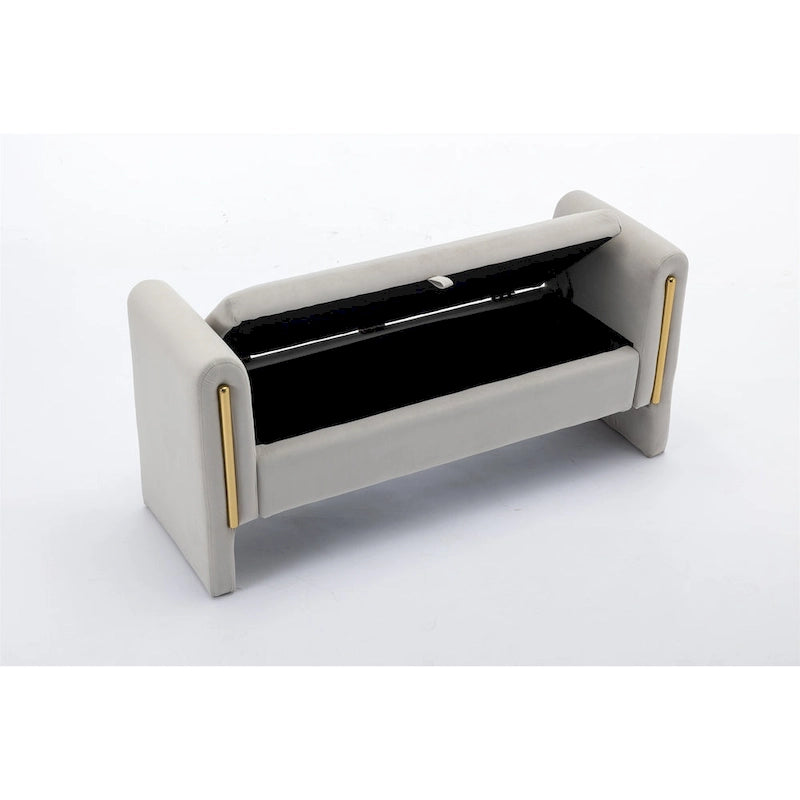 Banc de rangement capitonné en velours avec garniture en métal doré et cadre en bois
