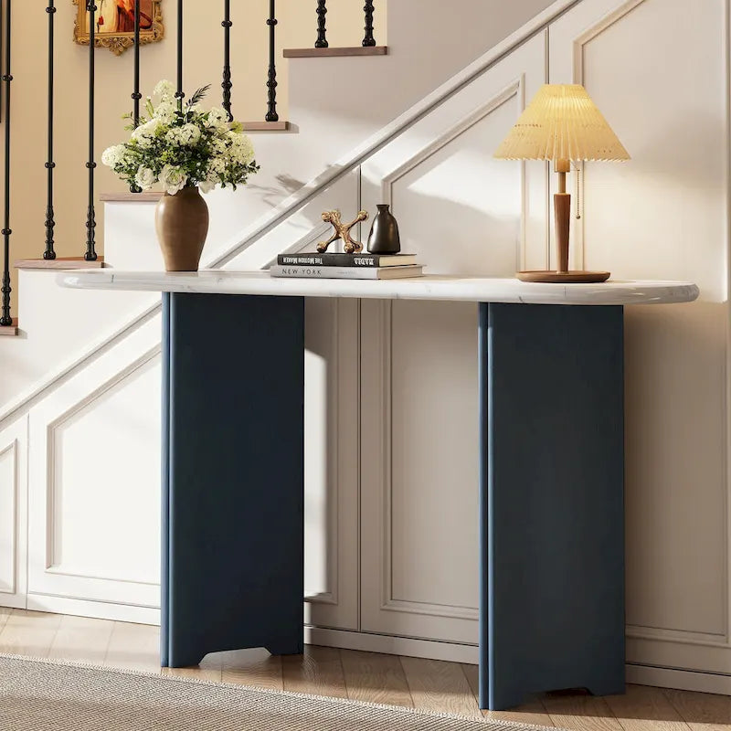 Console étroite imitation marbre avec pieds en bois — Bleu marine et blanc