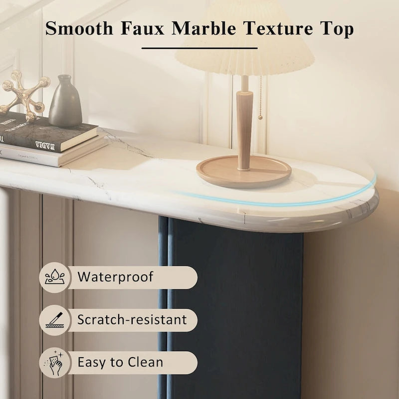 Console étroite imitation marbre avec pieds en bois — Bleu marine et blanc