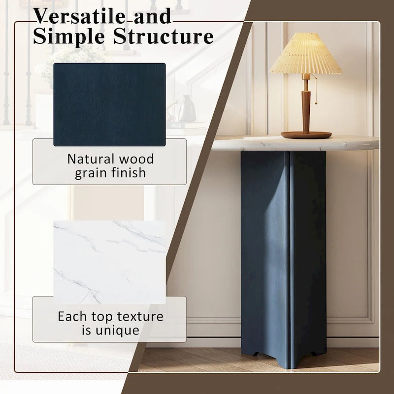 Console étroite imitation marbre avec pieds en bois — Bleu marine et blanc