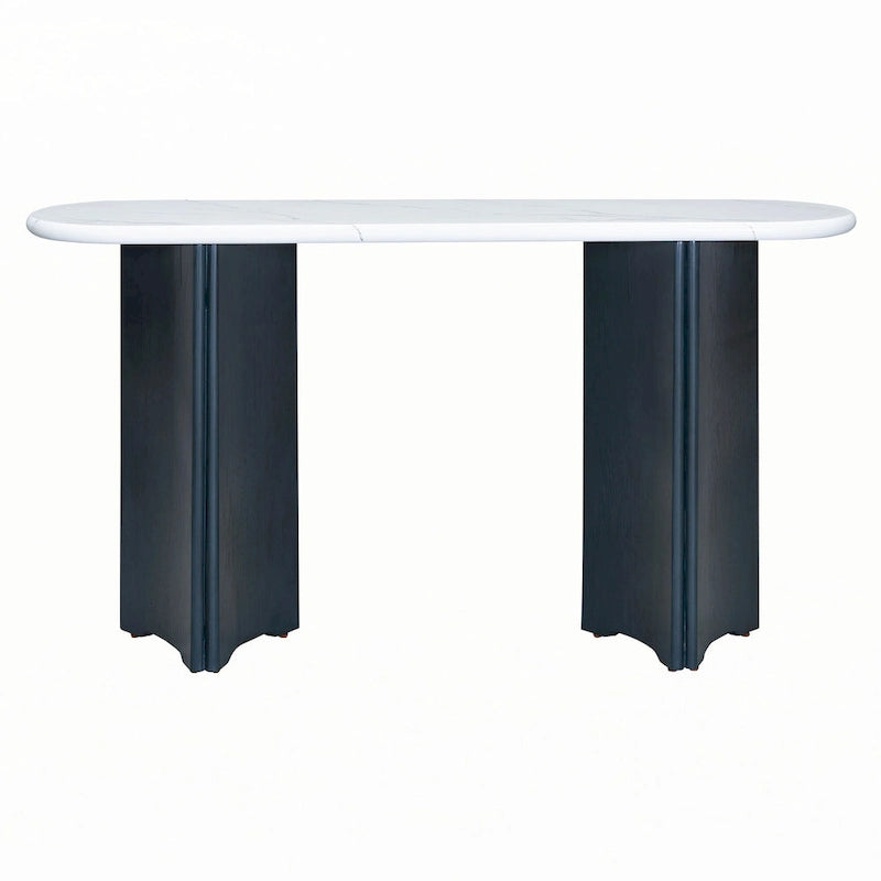Console étroite imitation marbre avec pieds en bois — Bleu marine et blanc