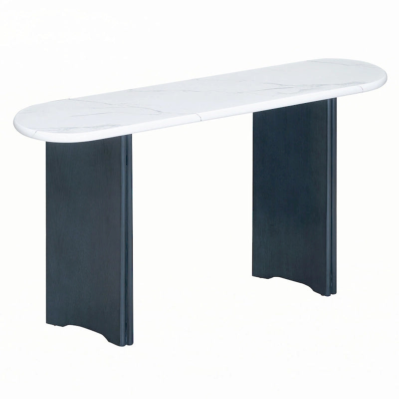 Console étroite imitation marbre avec pieds en bois — Bleu marine et blanc